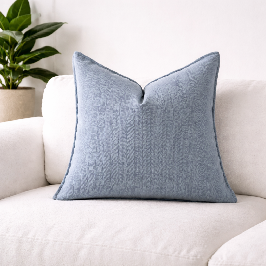 Fin blå teksturert pute på en hvit koselig sofa