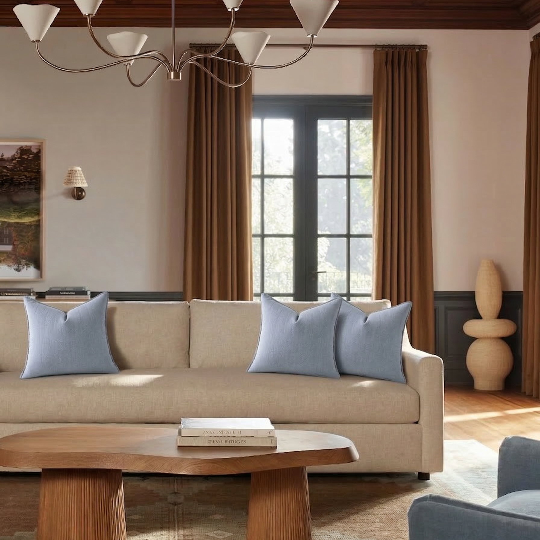 Blå sofa puter i en fin beige sofa
