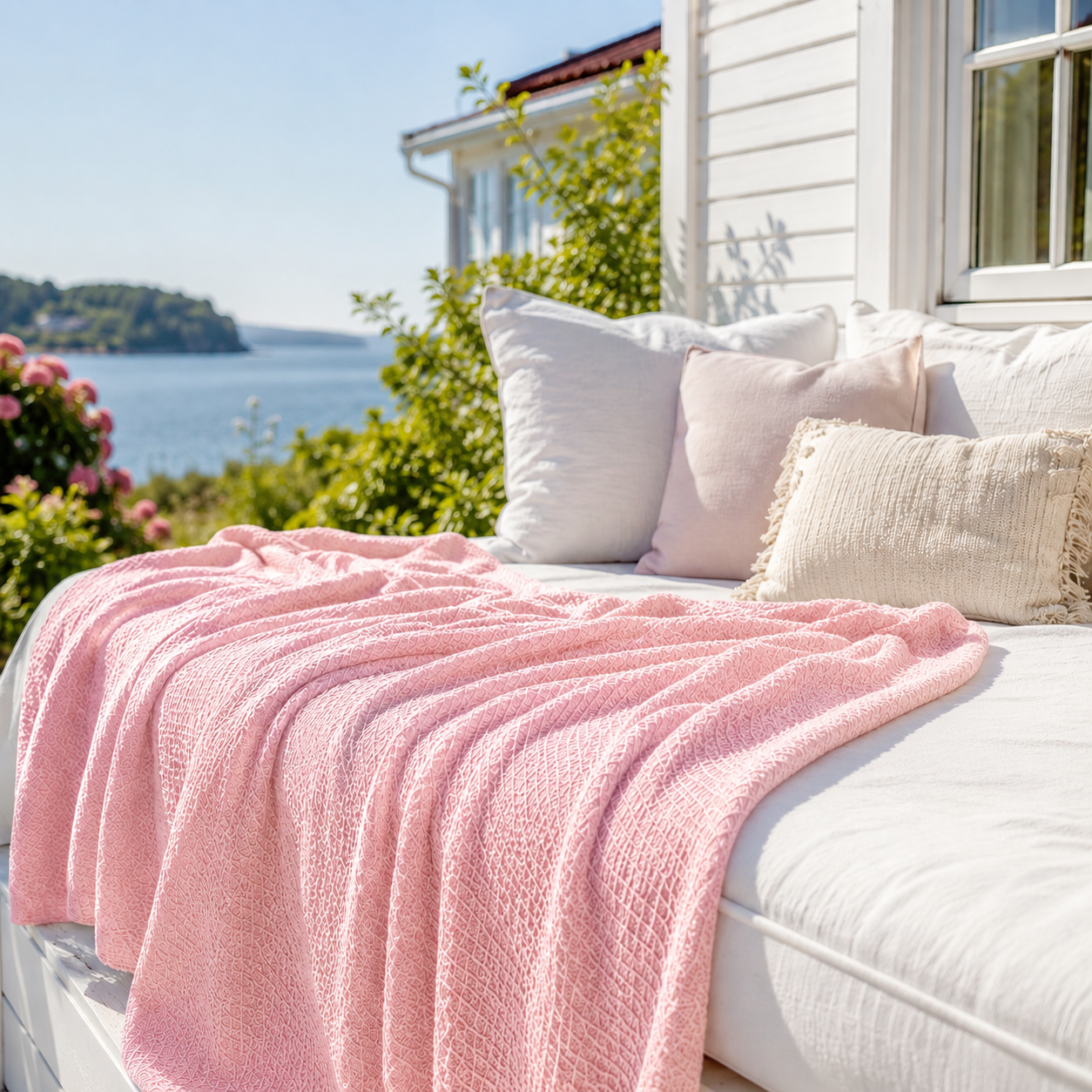 Rosa bambuspledd ute på en sofa ved skjergården. 