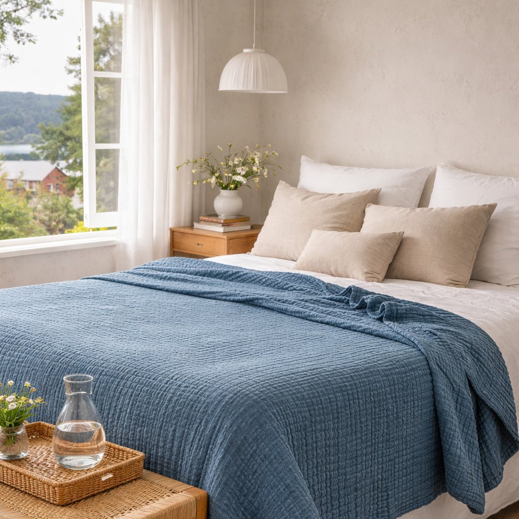 Tynt fint bomullspredd på en fin seng.