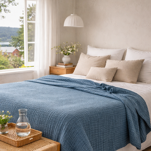 Tynt fint bomullspredd på en fin seng.