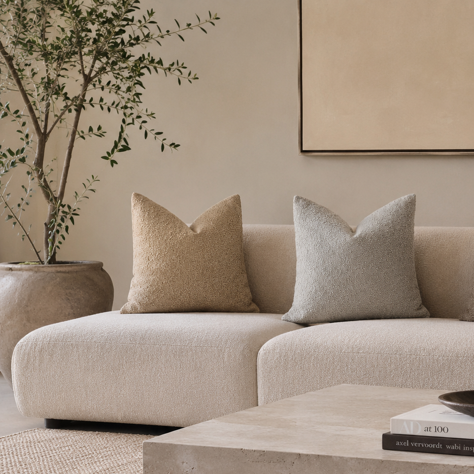 To bouclé putetrekk i brun og grå på en fin lys sofa. 