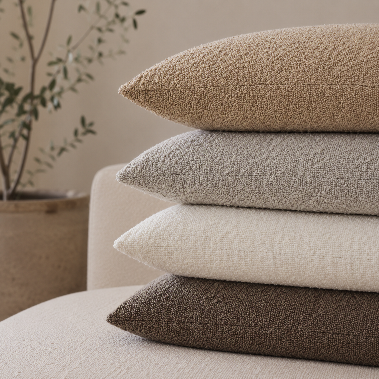 En stack med boucle puter oppå hverandre i et moderne rom.
