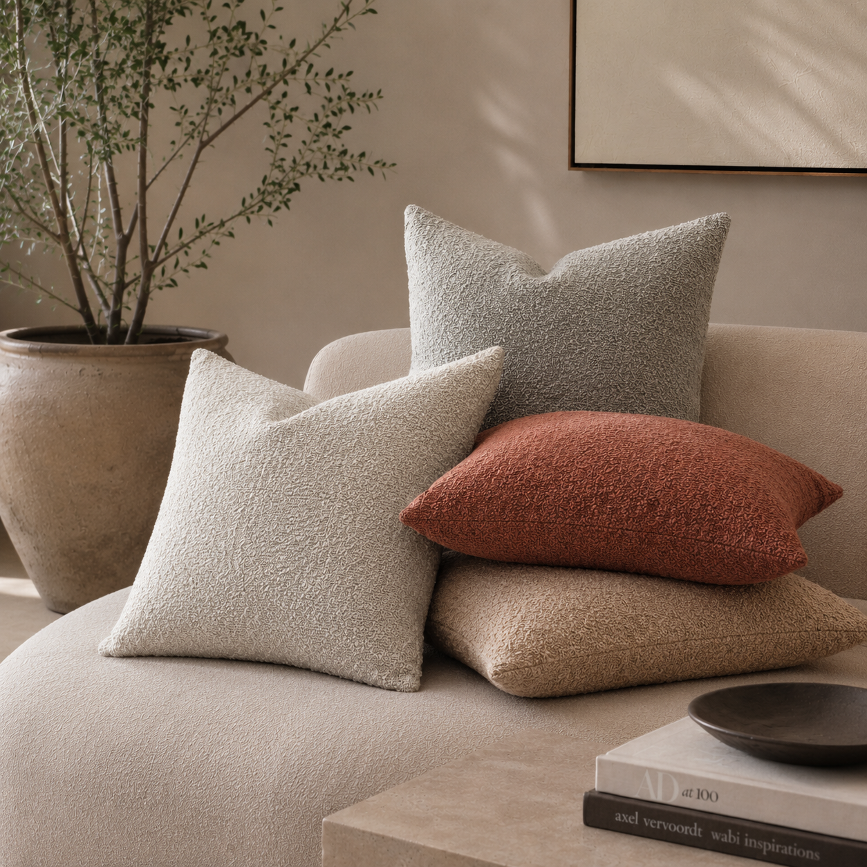 Bouclé pillow cases in different colors on a couch in a modern home. 