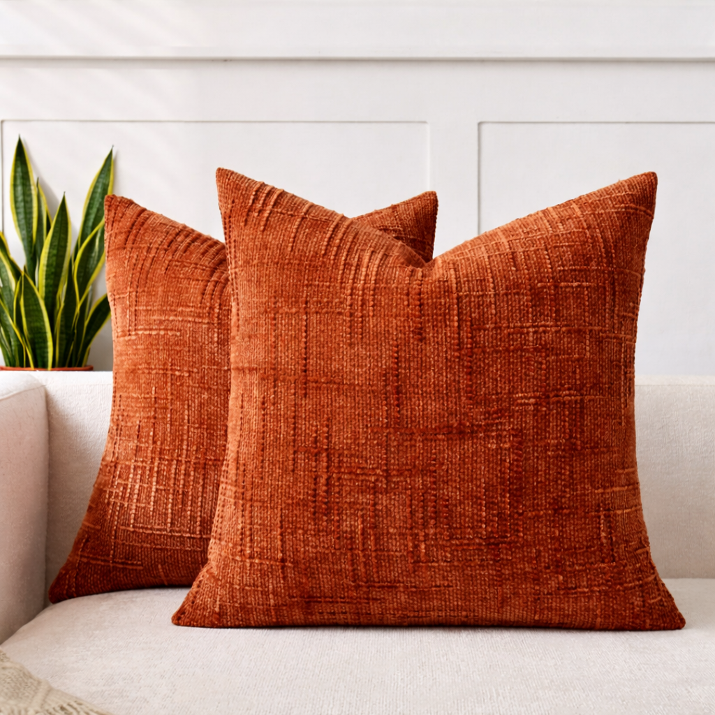 To fine røde teksturerte putetrekk i sofa