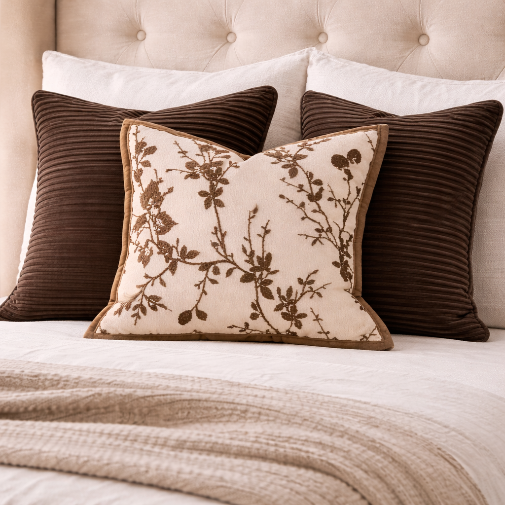 Puter i en seng. Første detaljer i hvit med brune detaljer. 