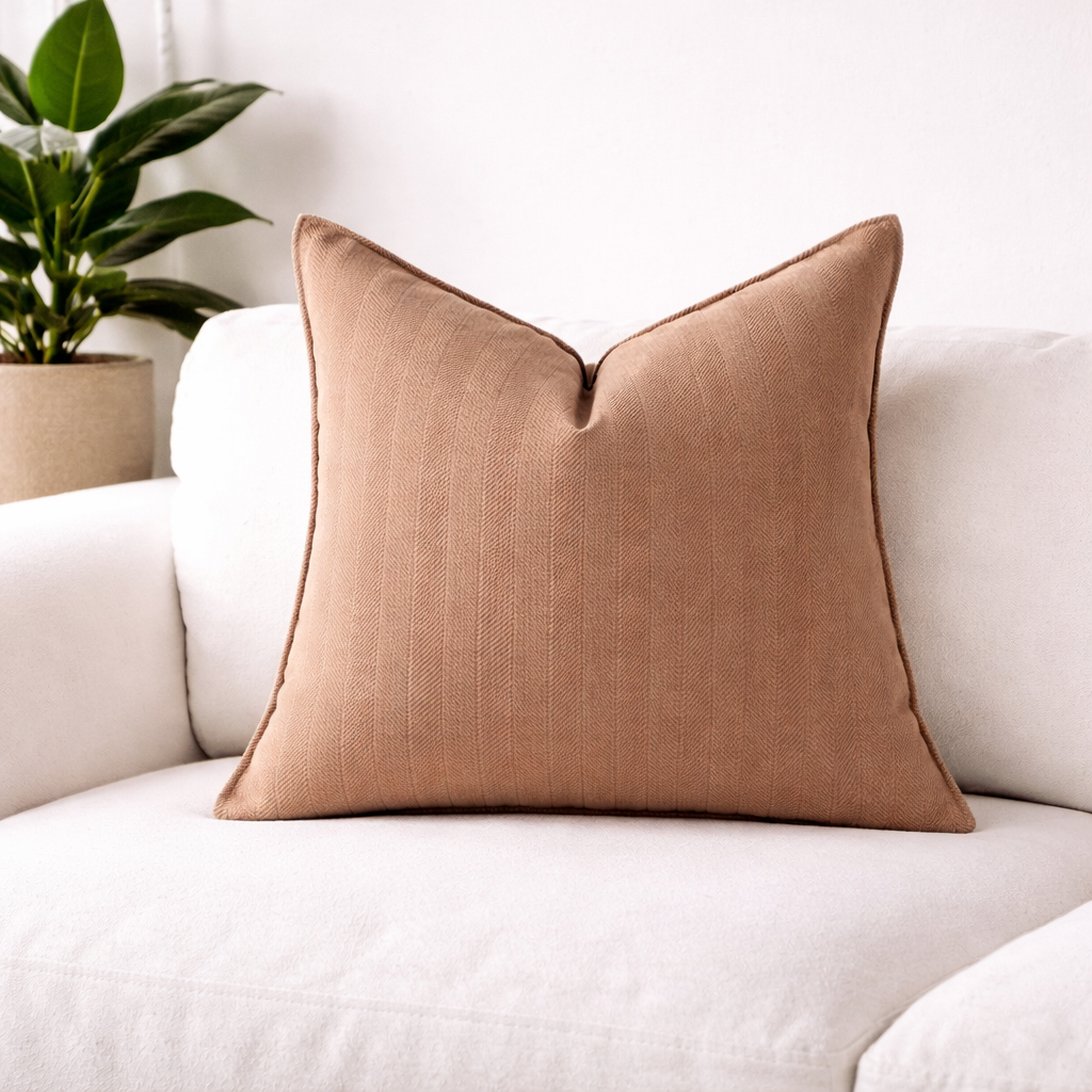 Fin khaki teksturert pute på en hvit koselig sofa