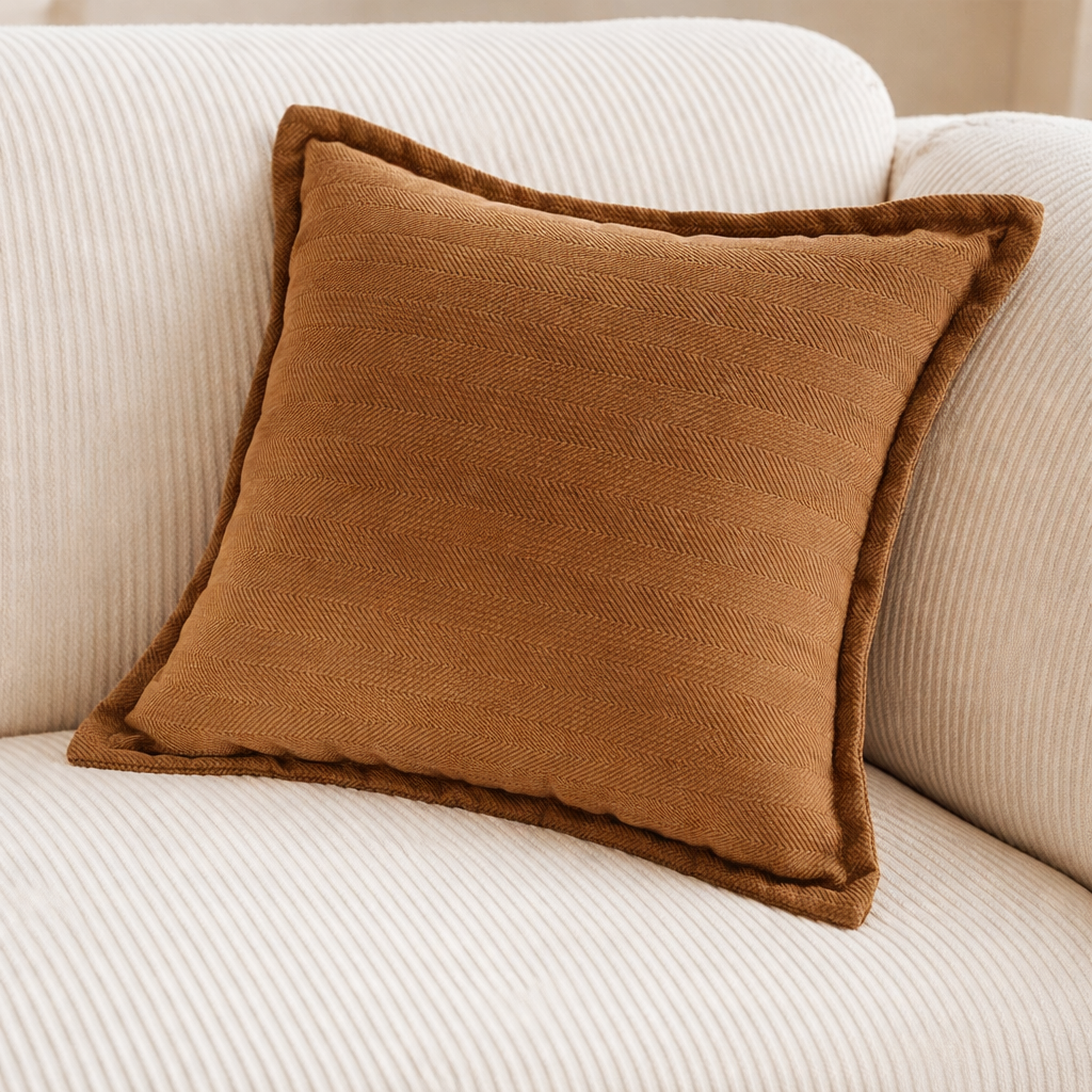 Solid brun pute i en hvit velour sofa. 