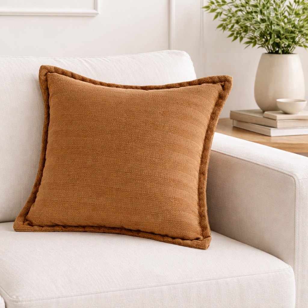 brun pute i solid farge i en hvit solid krem farget sofa. 