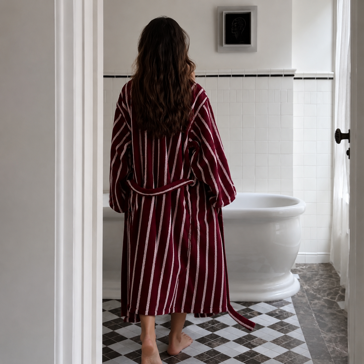 Morgenkåpe i bomull med burgunder rosa striper - håndklestoff one size