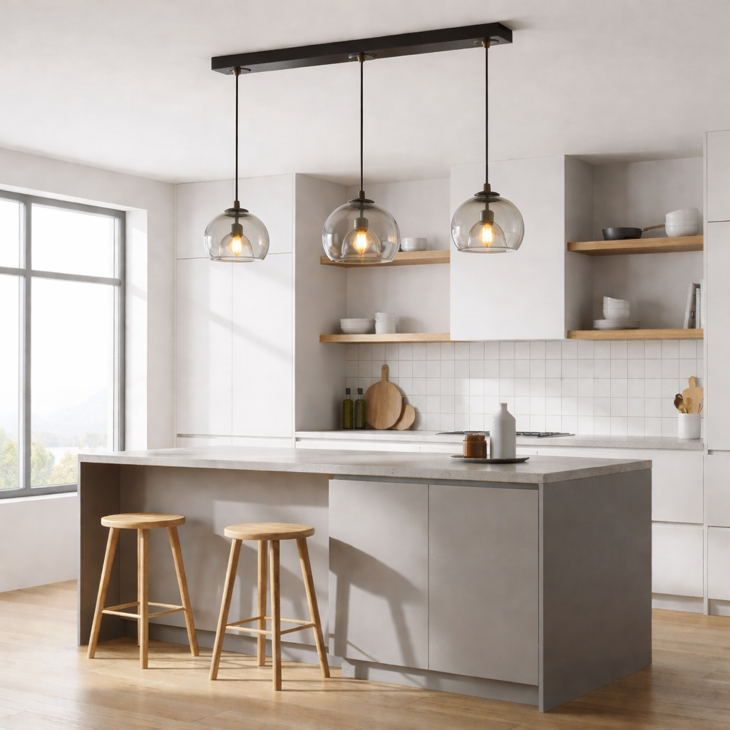 Trippel taklampe på et moderne kjøkken.