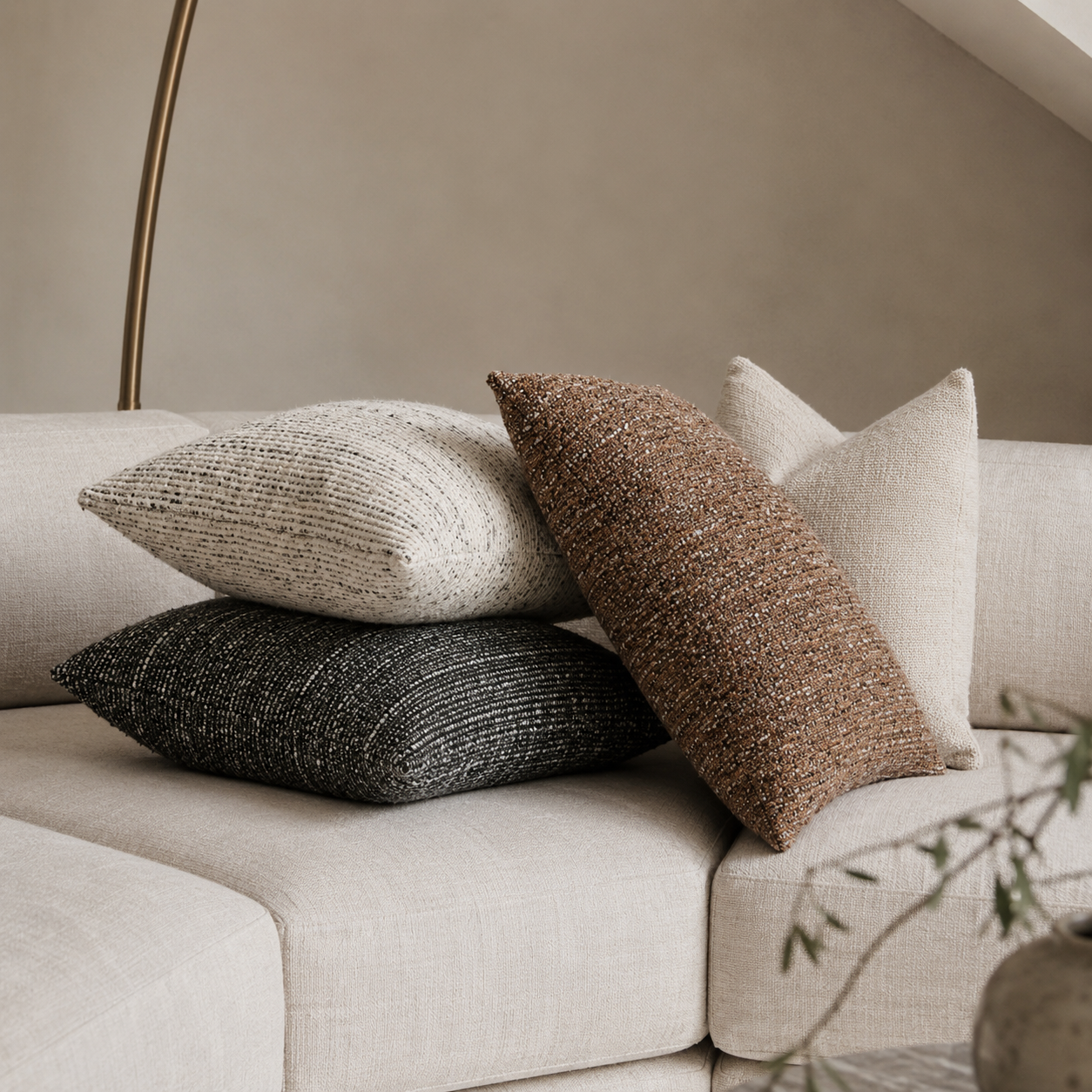 4 chenille putetrekk i nøytrale farger på en lys sofa. 