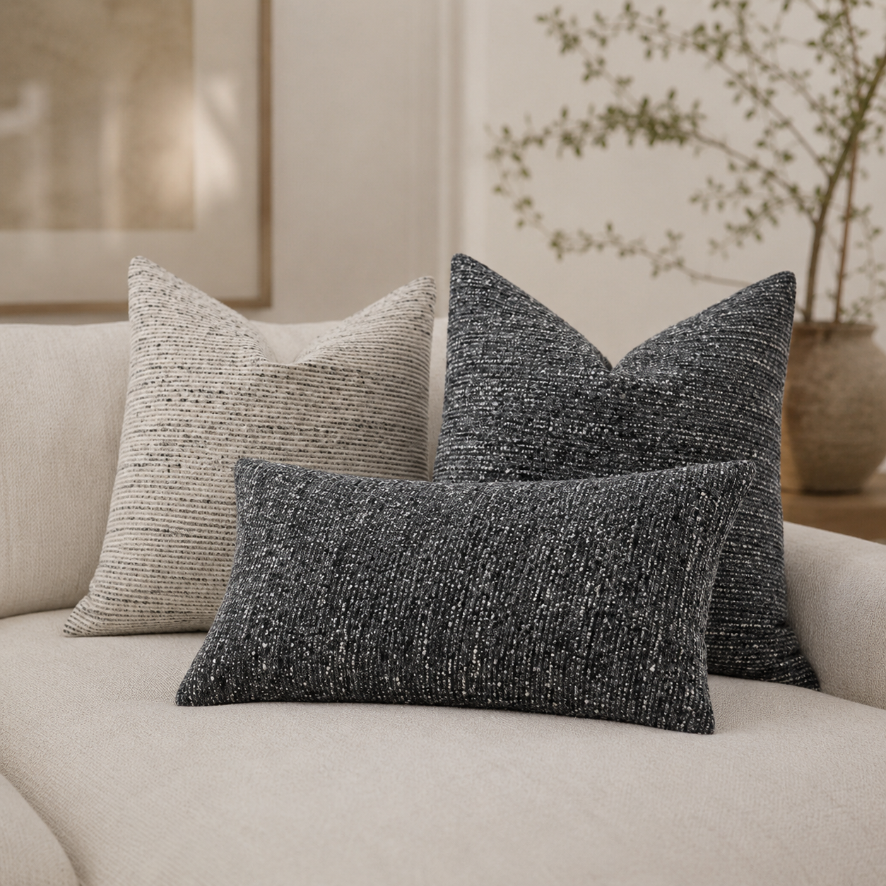 chenille putetrekk i fine størrelser  på en lys sofa. 