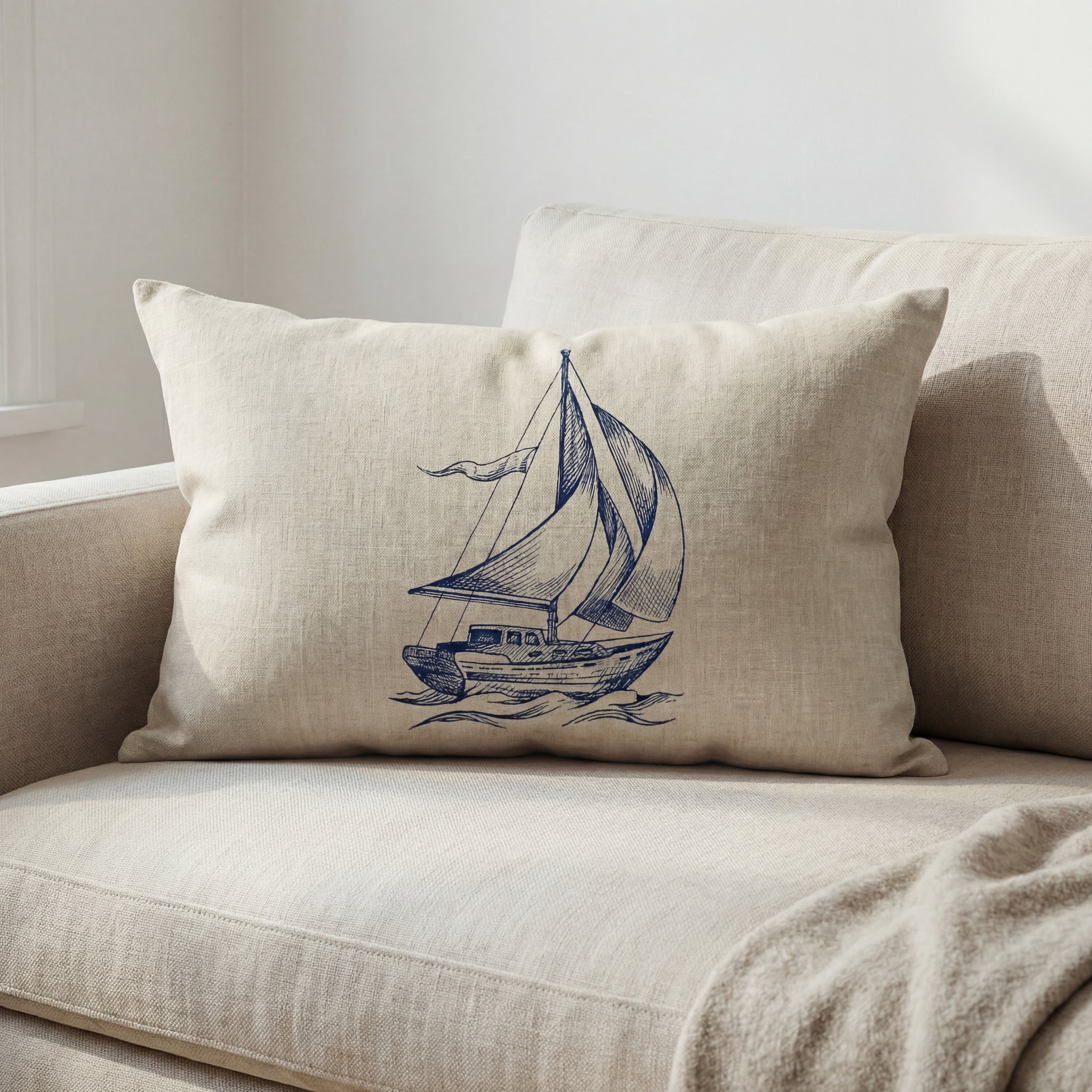 Fin hvit og blå maritim pute i en lys sofa. 