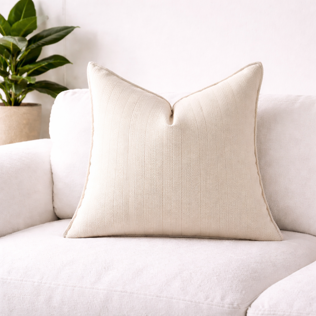 Fin teksturert pute på en hvit koselig sofa