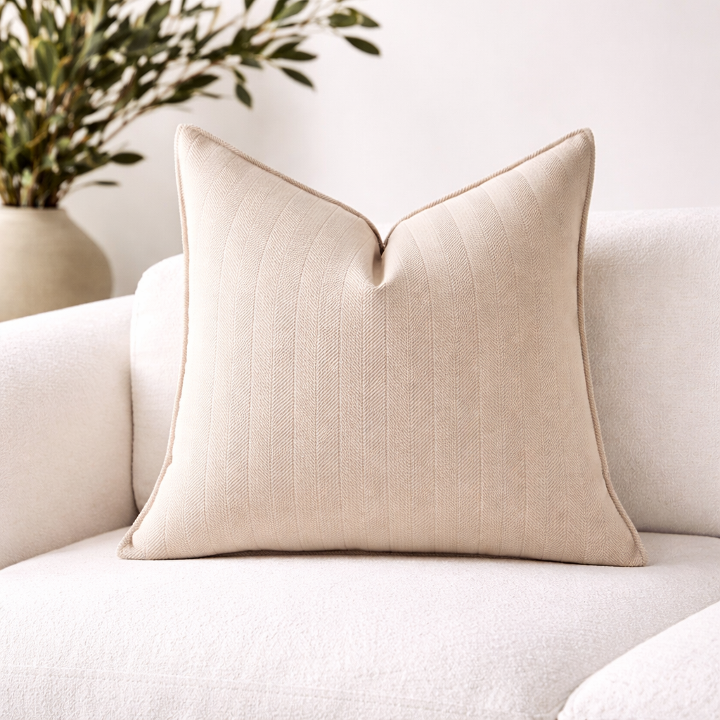 Fin beige teksturert pute på en hvit koselig sofa