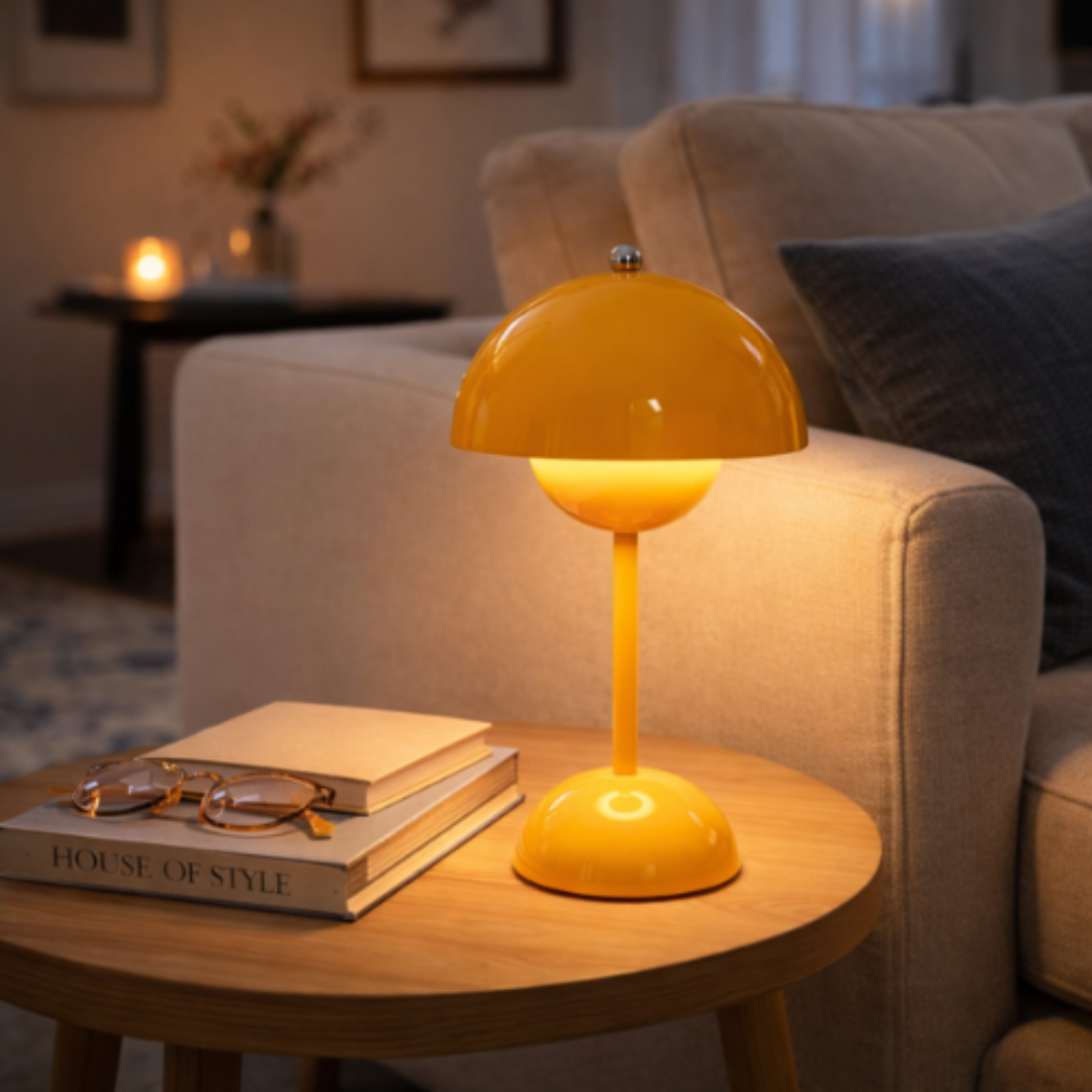 Gul lampe på sidebord ved siden av sofa