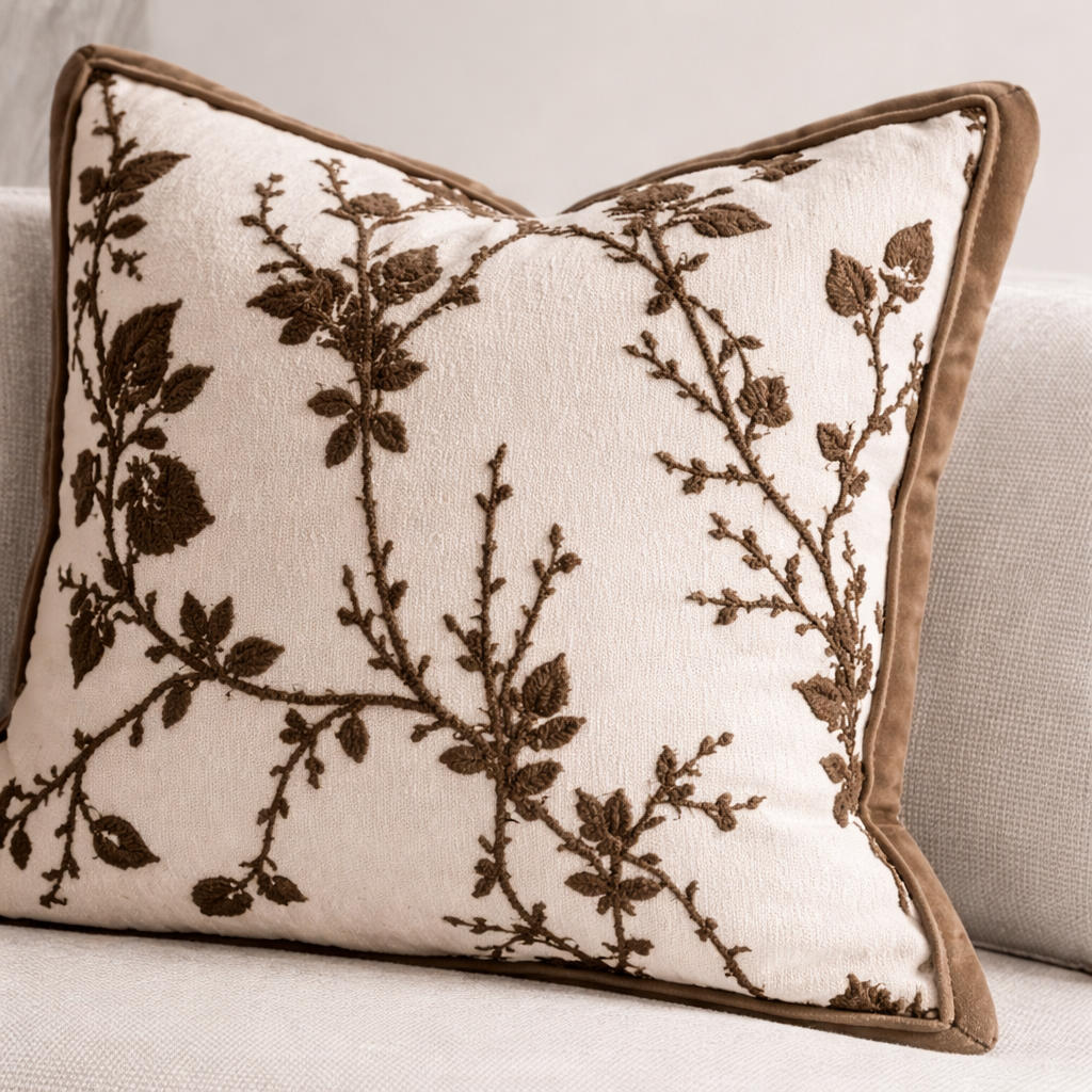 Pute i hvit med brune detaljer.