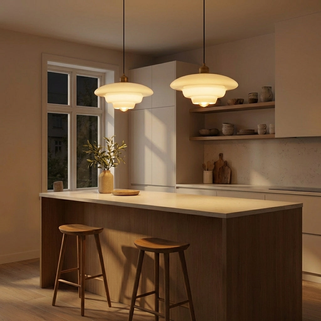 To fine taklamper på kvelden i et lyst og fint rom. 