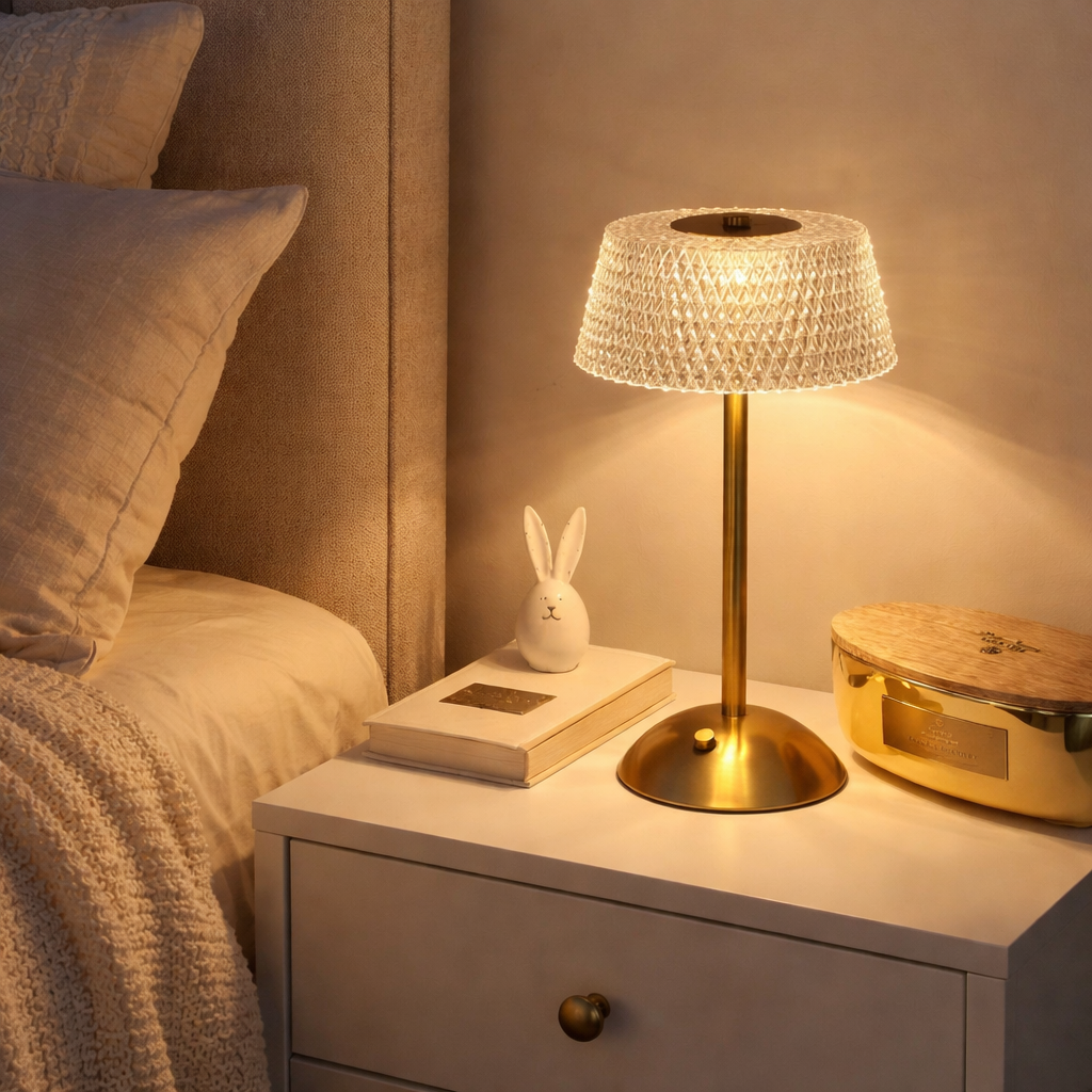 Lampe på nattbord med glasskjerm og gullstang. 