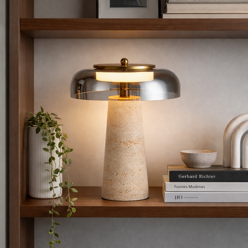 Lampe i stein med glasskjerm på en trehylle. 