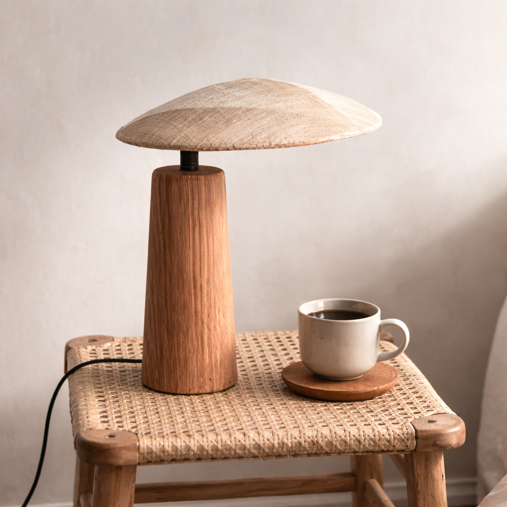 Fin lampe i tre med et fint lampe hode på en stol med en kopp kaffe.