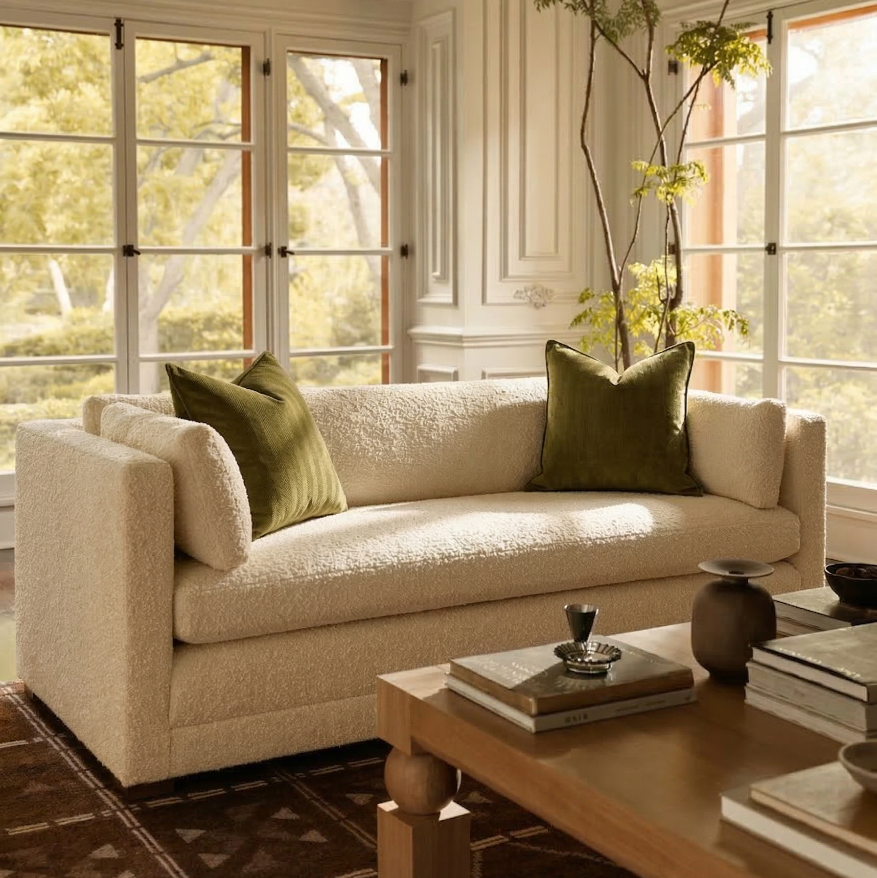 Grønne puter i hvert sitt hjørne av hvit krem sofa.