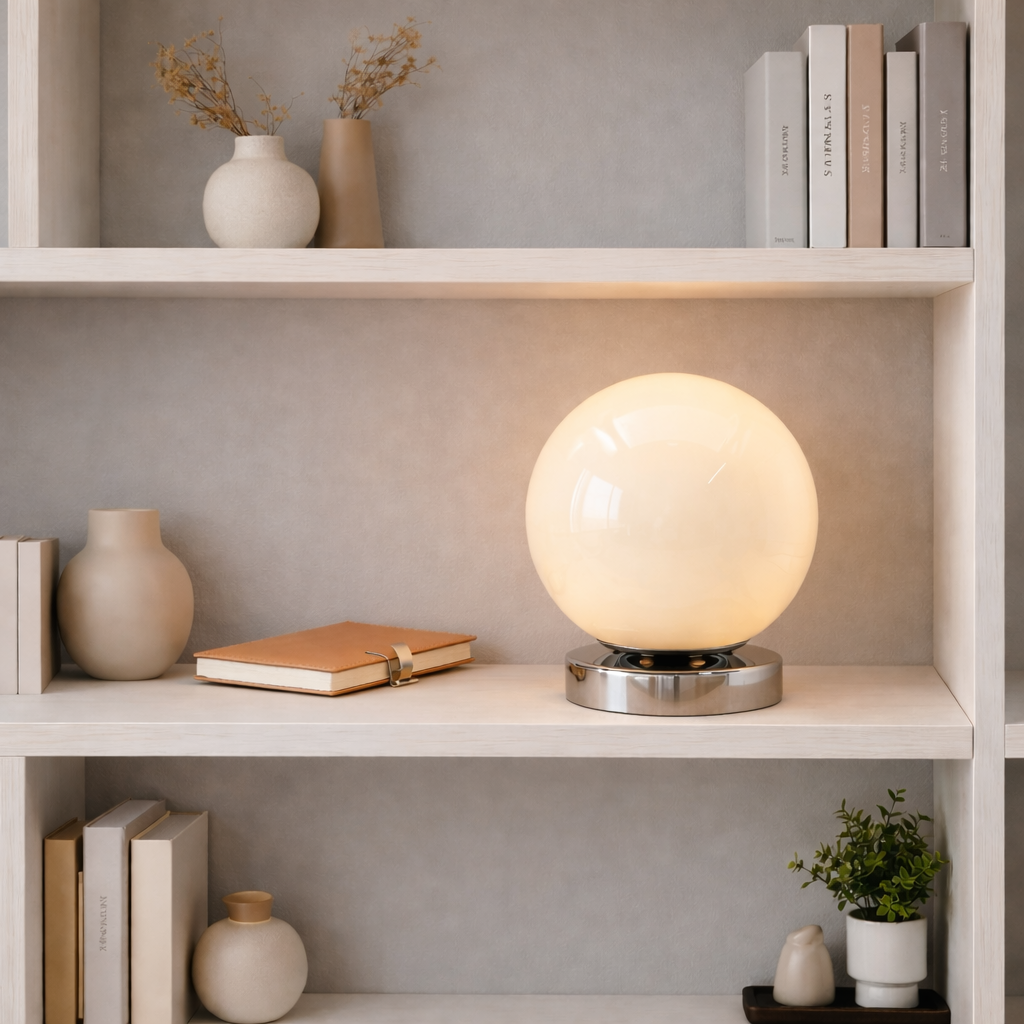 Hvit lampe i en fin hylle i en stue. Lampen er rund og står på en sølv metallplate.