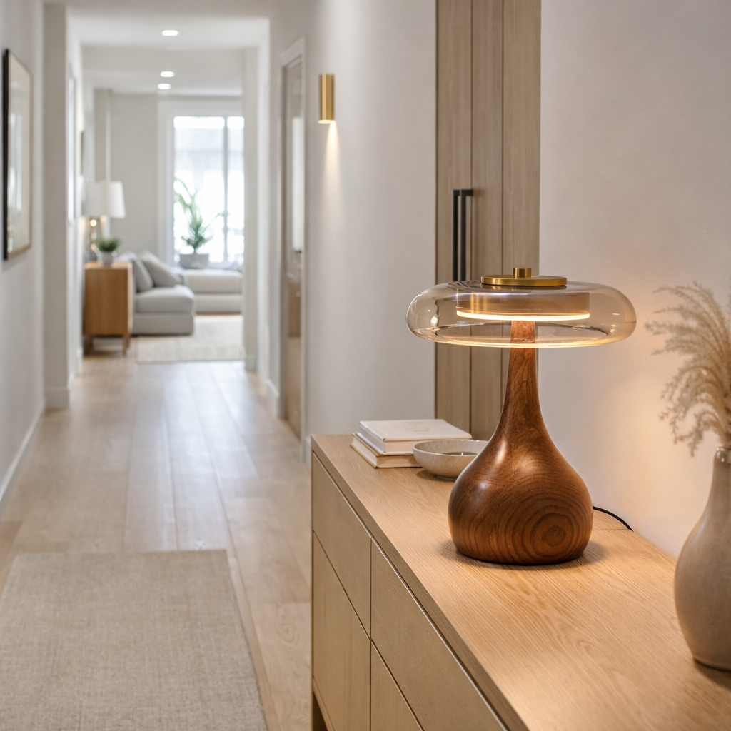 Lampe i tre med glasskjerm på kommode. 