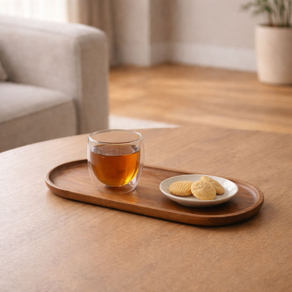 Trefjøl med en kopp te, og en tallerken med kjeks på et bord i en stue.