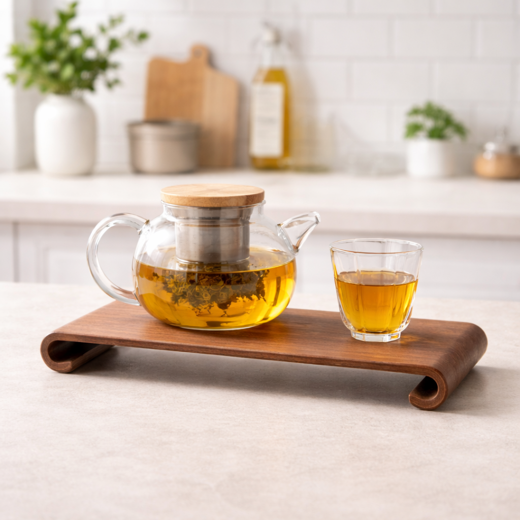 Trefjøl med te og tepose på kjøkkenet.