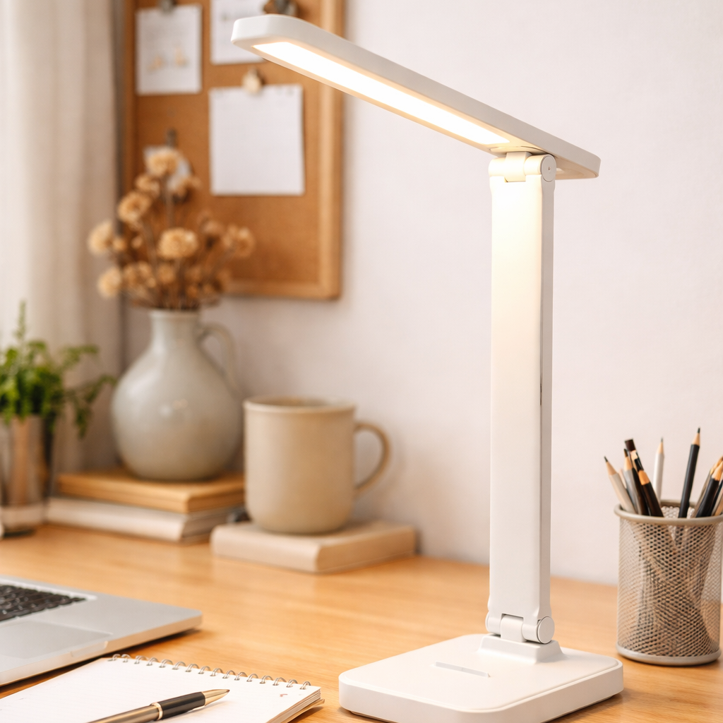 Fin trådløs LED lampe for hjemmekontor.