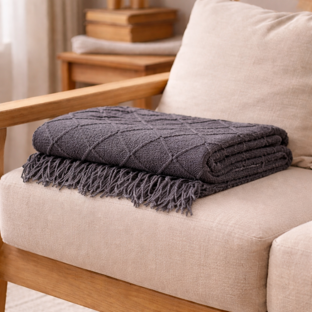 Strikket Nordisk Pledd | Dekorativt Sofa- og Sengeteppe med Dusker