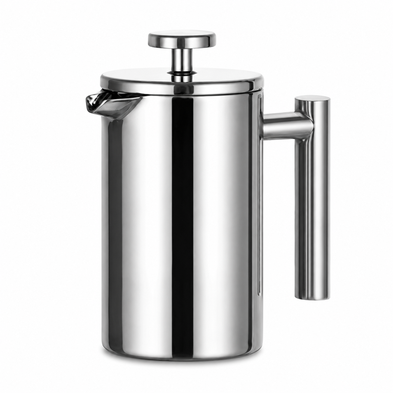 French press laget av stål  i et hvitt studio. 