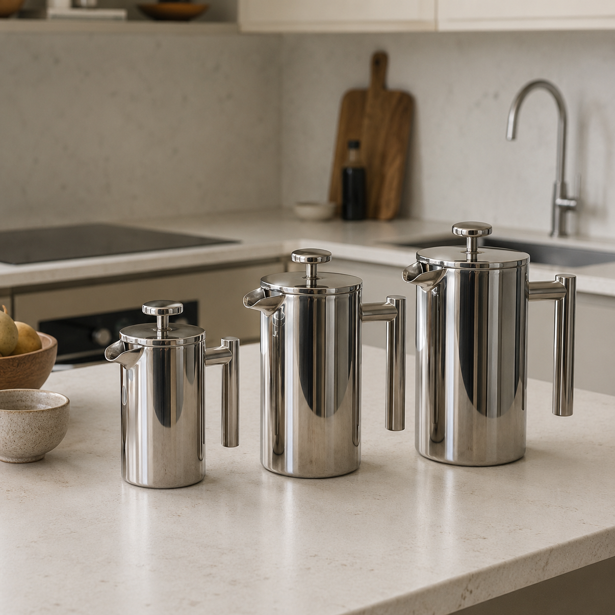 Tre french press kaffe lagere i 3 forskjellige størrelser på et moderne kjøkken.