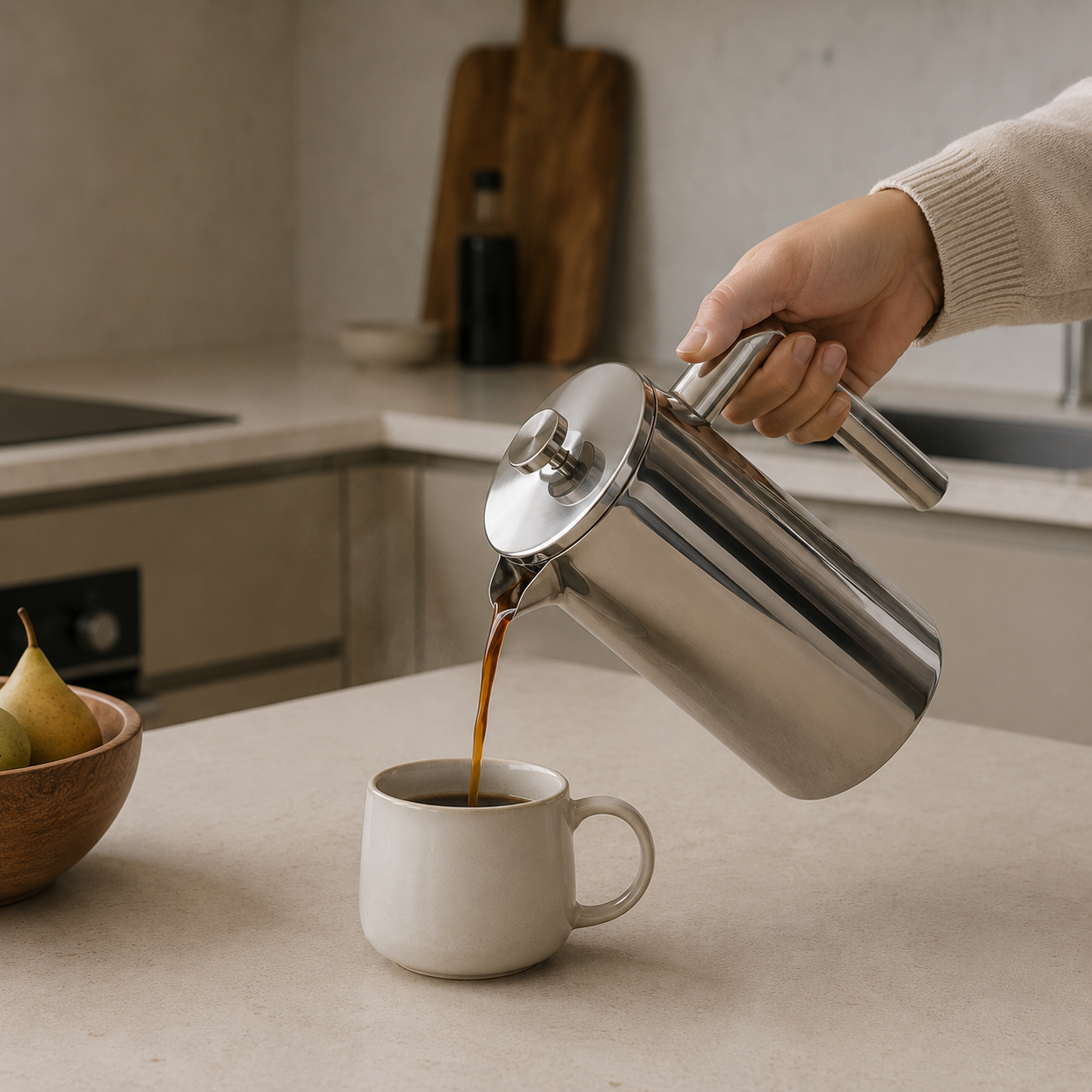French press heller i kaffe i en kaffekopp på et kjøkken.
