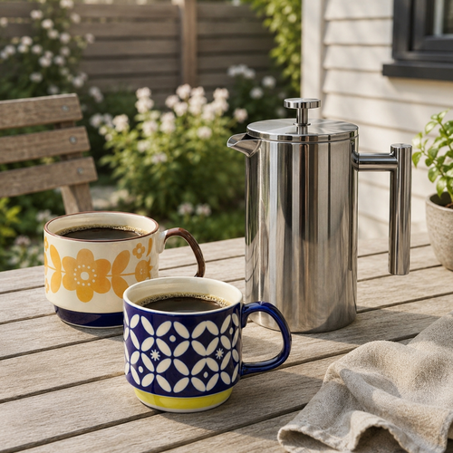 Sommerlig french press og kaffekopper ute i en hage. 