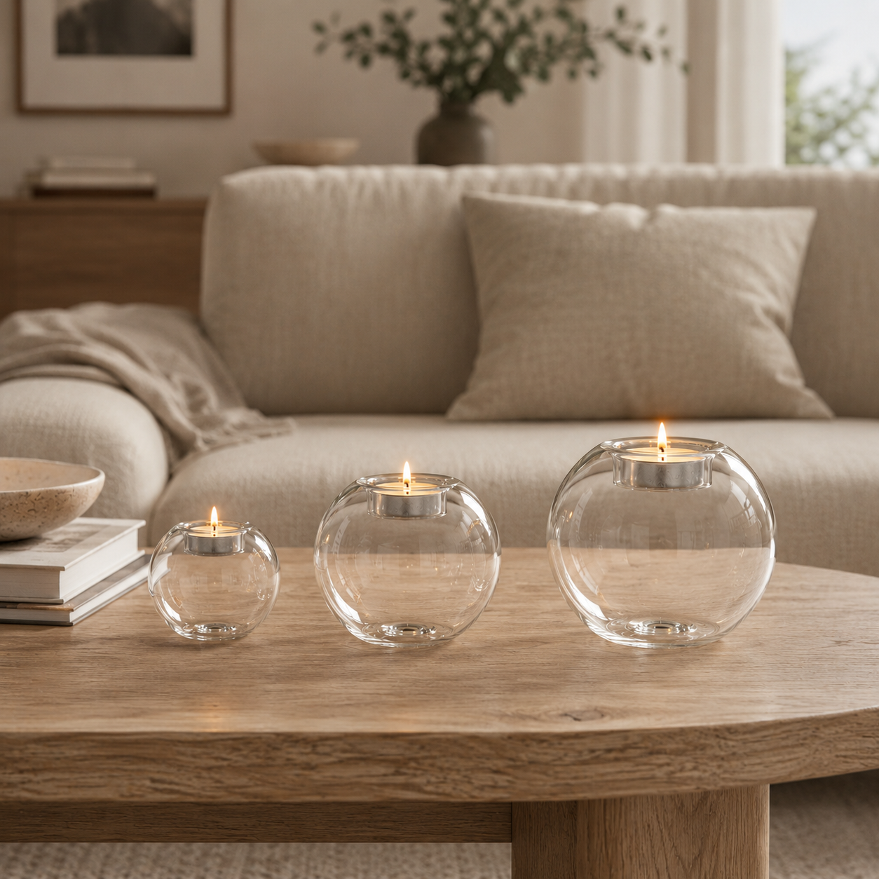 3 lysestaker i glass i 3 forskjellige farger