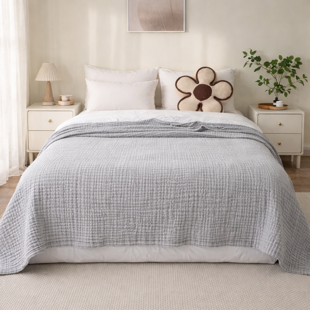 Fint tynt grått pledd for senga i en fin atmosfære. 