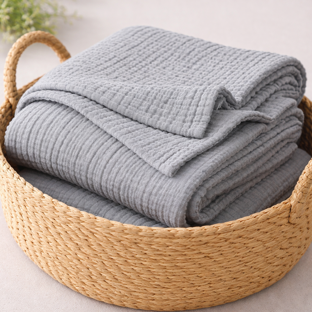 Fint tynt boullspledd i en stor kurv. 