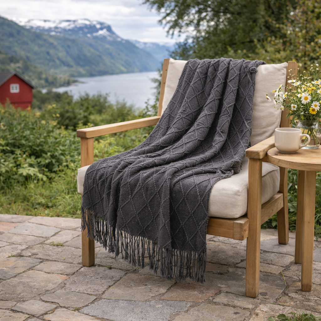 Strikket Nordisk Pledd | Dekorativt Sofa- og Sengeteppe med Dusker