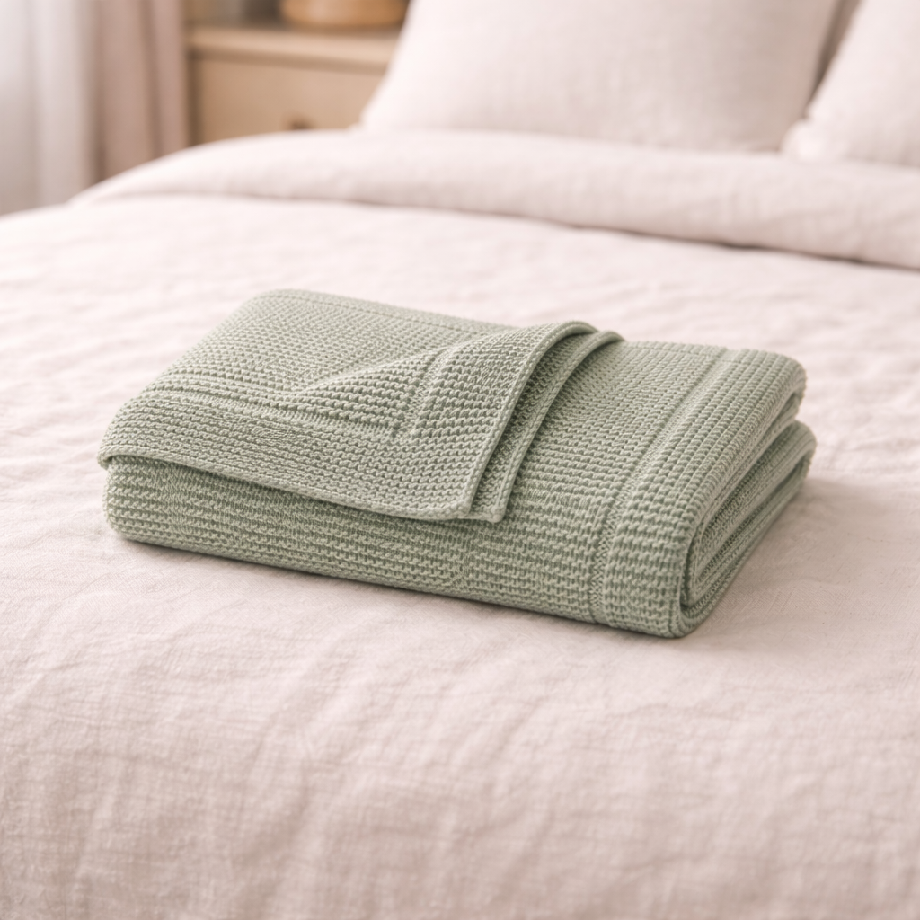 Grønt lite baby pledd på seng. 