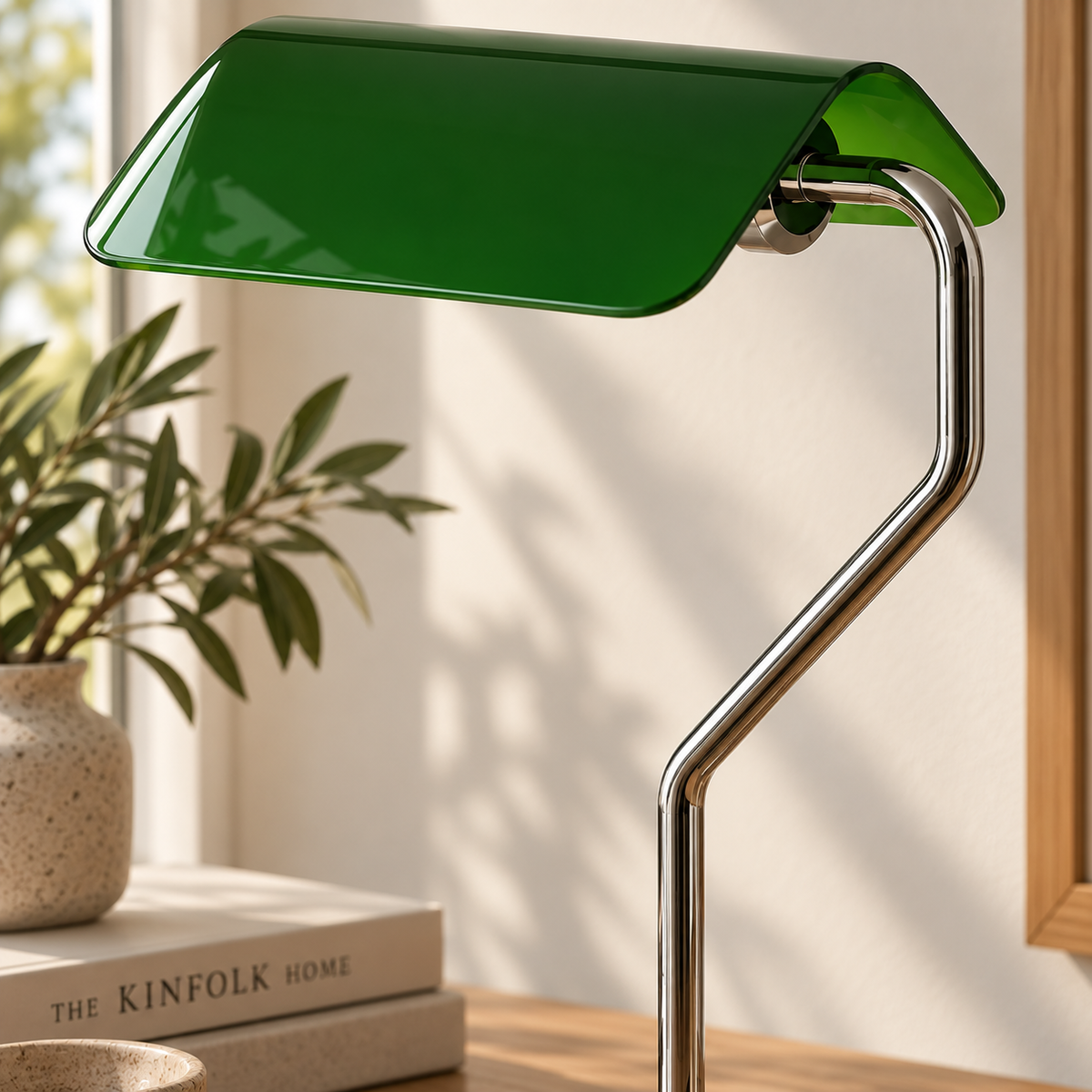 Skrivebordslampe med flat glasskjerm og bøyd arm