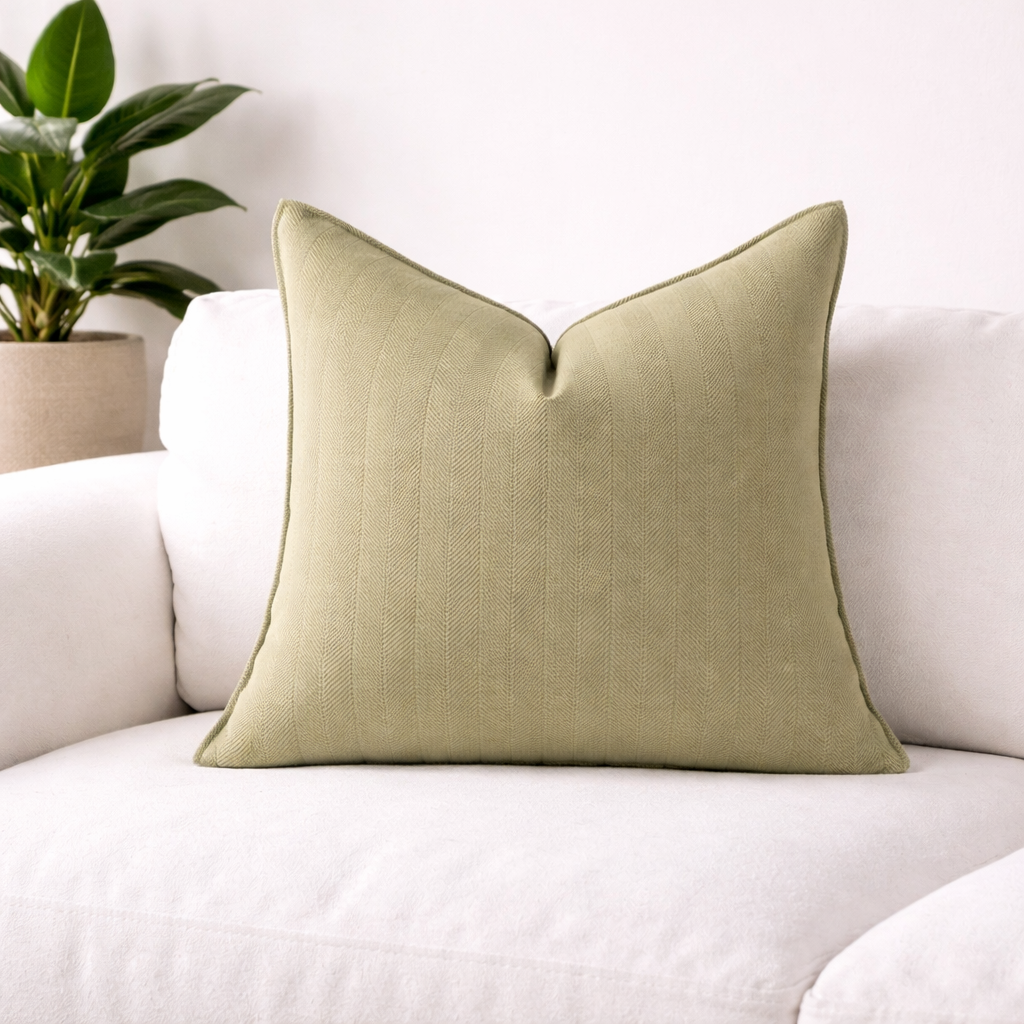 Fin lys grønn teksturert pute på en hvit koselig sofa