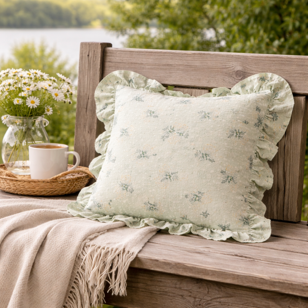 Pute i grønn og med volanger på en trebenk. 