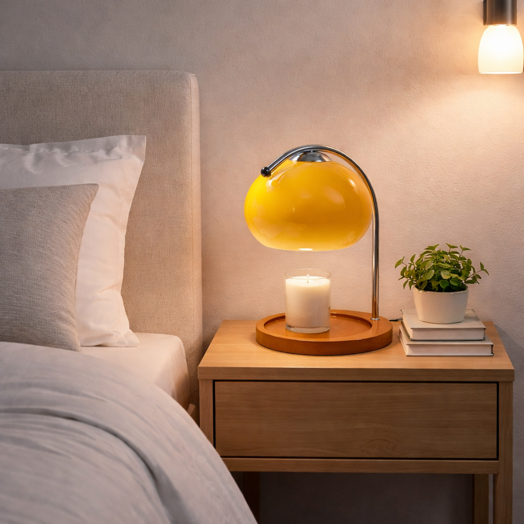 Gul lampe på nattbord med lys under. 