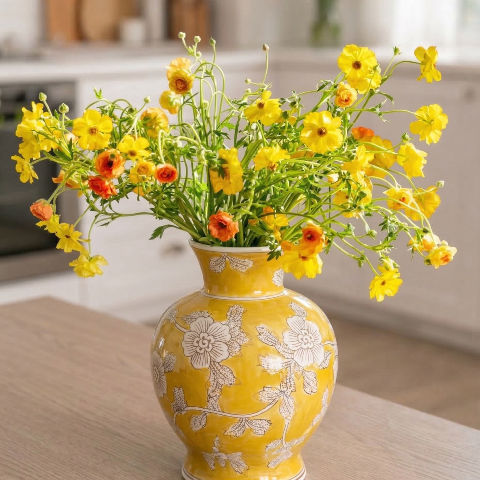 Gul vase med fine flotte blomster på et kjøkken. 