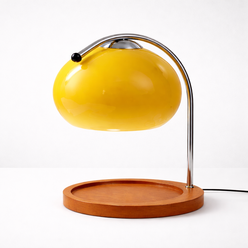 Fin gul lampe i glass med en treplate under i et grått studio. 