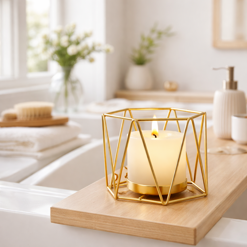 Gull lysestake i kubelys ved et badekar. 