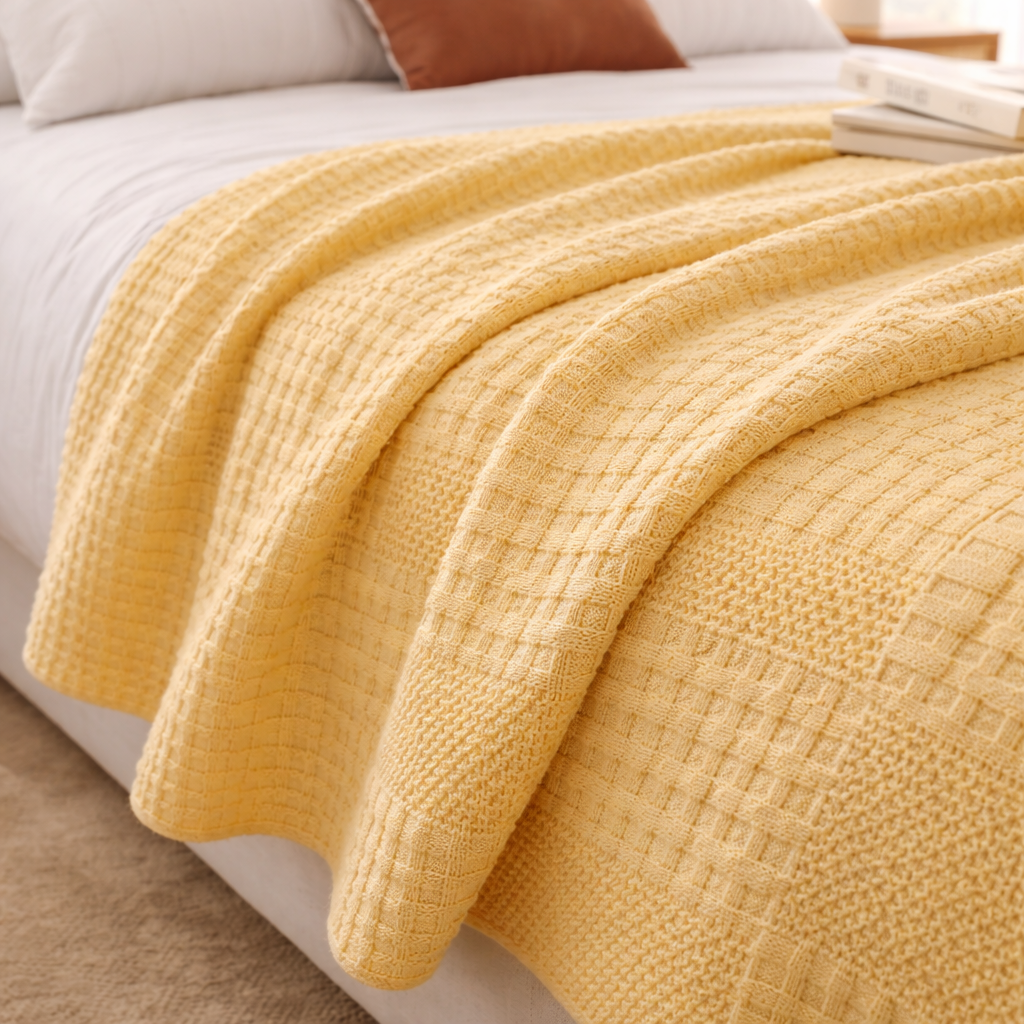 Gult pledd over en seng detailjer